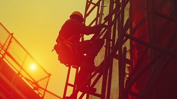 The silhouette of a construction worker wearing a safety harness and hard hat is shown climbing a tall ladder or scaffolding against a bright, hazy orange sky at sunset.